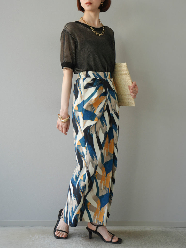 [SET]リネンタッチ配色二重臼ハーフニットトップス+選べるアソート柄スカートセット(2set)