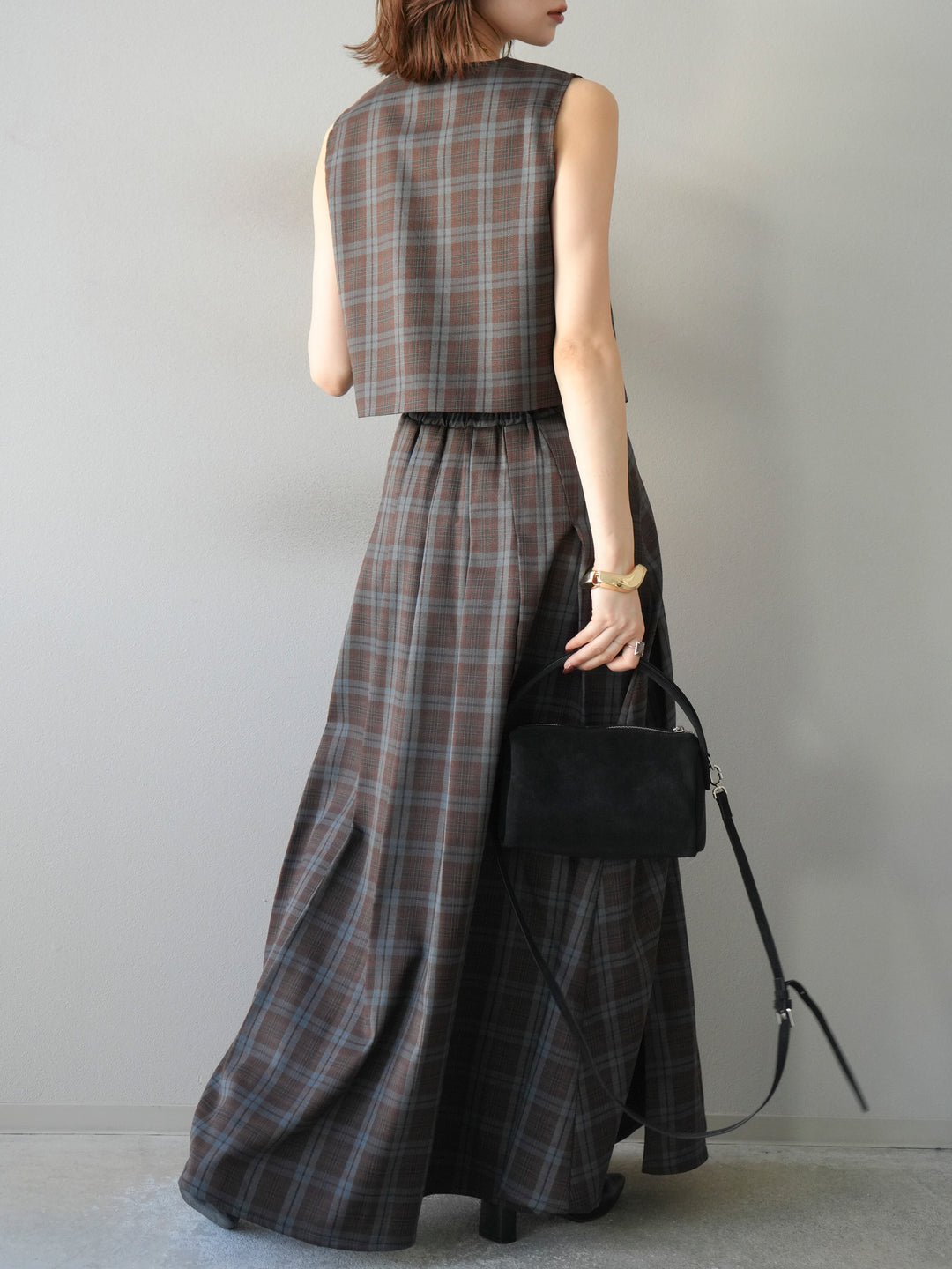 [SET] 格紋背心+格紋褶皺喇叭裙（2套）