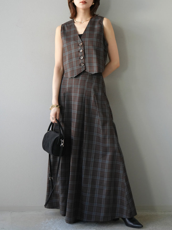 [SET] 格紋背心+格紋褶皺喇叭裙（2套）