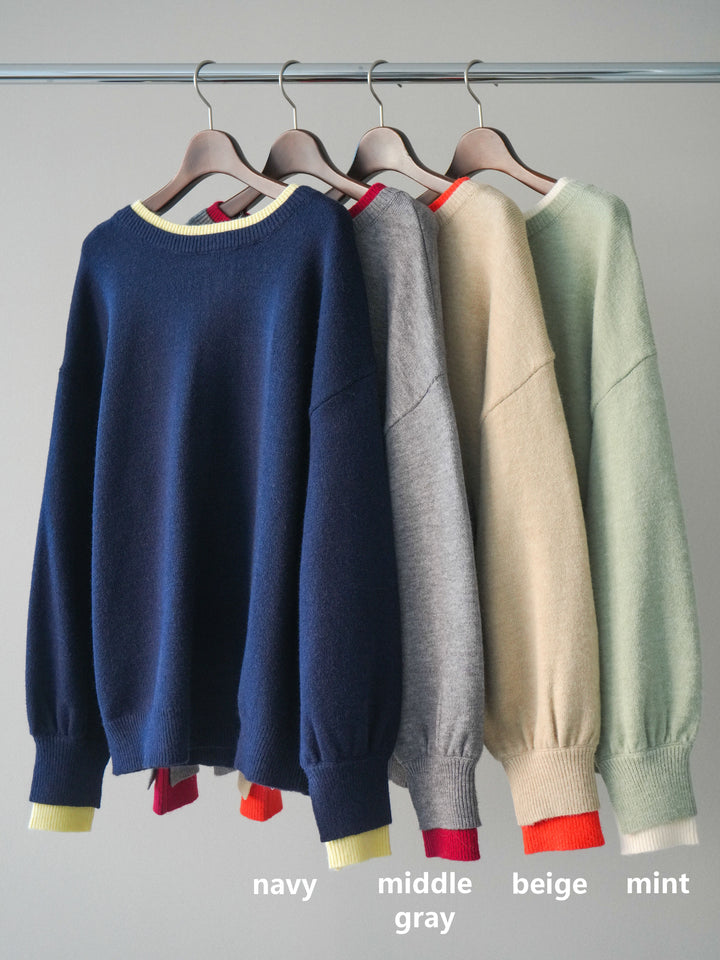 [SET]ヘンリーネック配色レイヤードニットプルオーバー+フラワーフロッキーチュールプリーツスカート(2set)