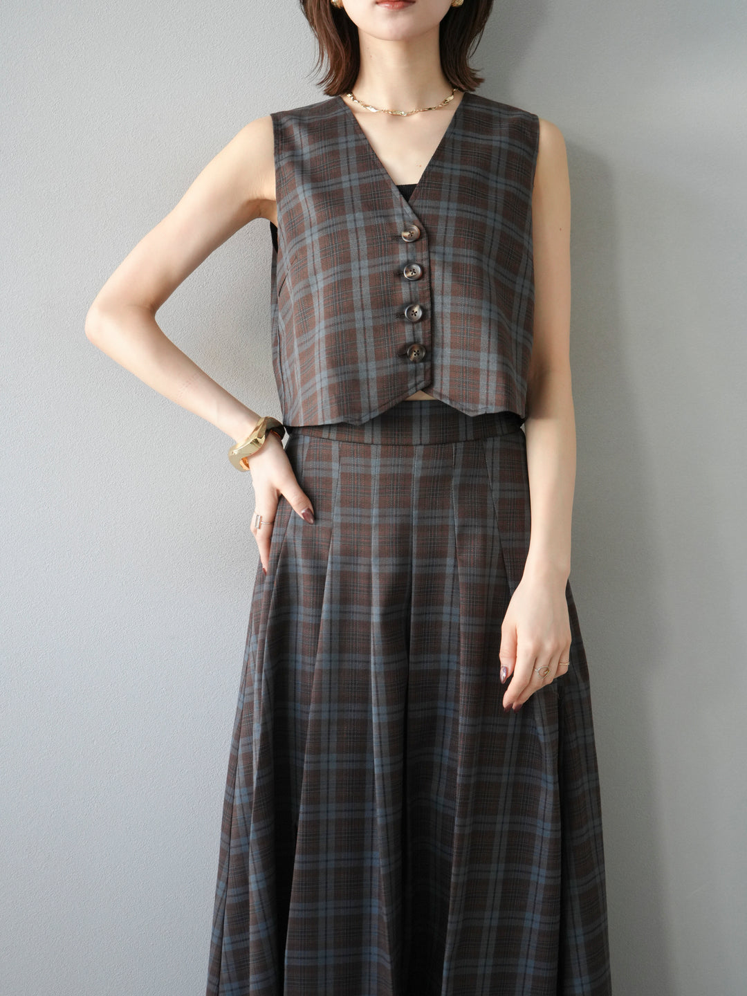 [SET] 格紋背心+格紋褶皺喇叭裙（2套）