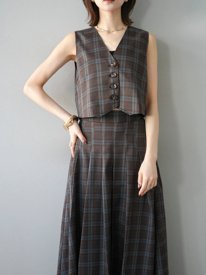 [SET] 格紋背心+格紋褶皺喇叭裙（2套）