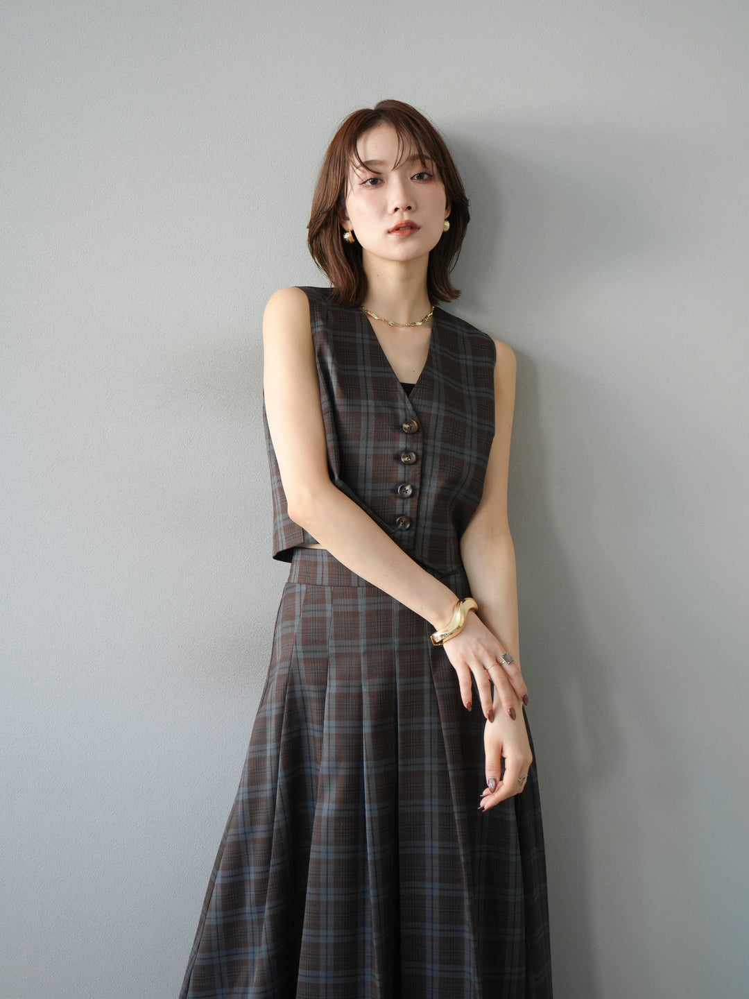 [SET] 格紋背心+格紋褶皺喇叭裙（2套）