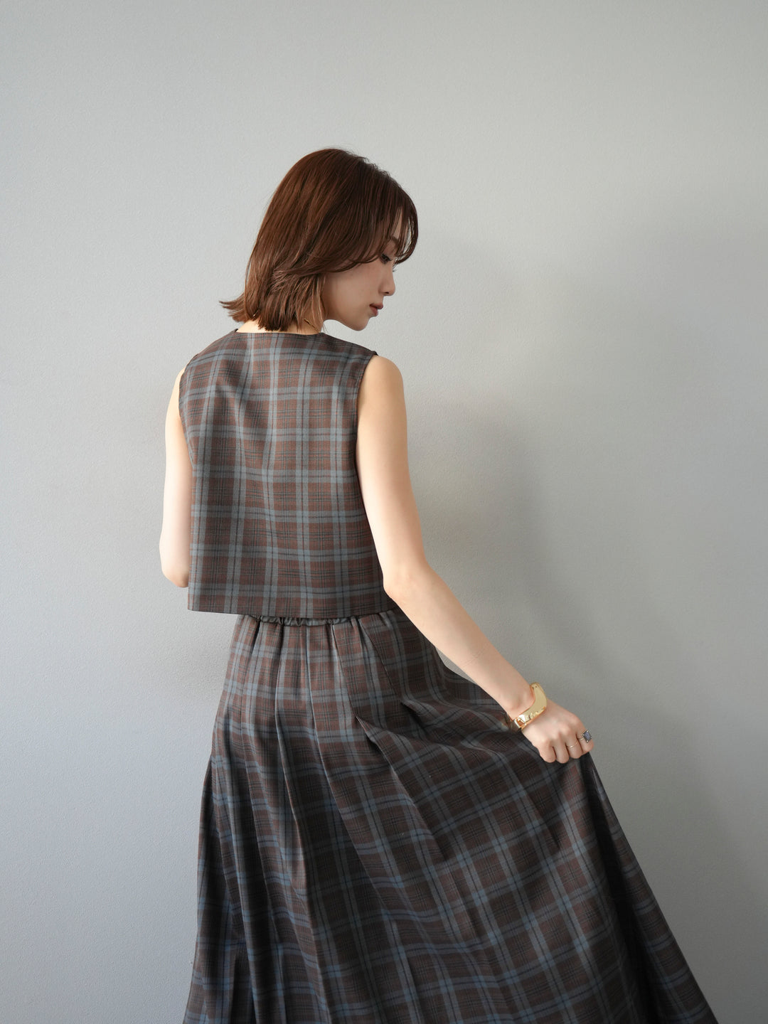 [SET] 格紋背心+格紋褶皺喇叭裙（2套）