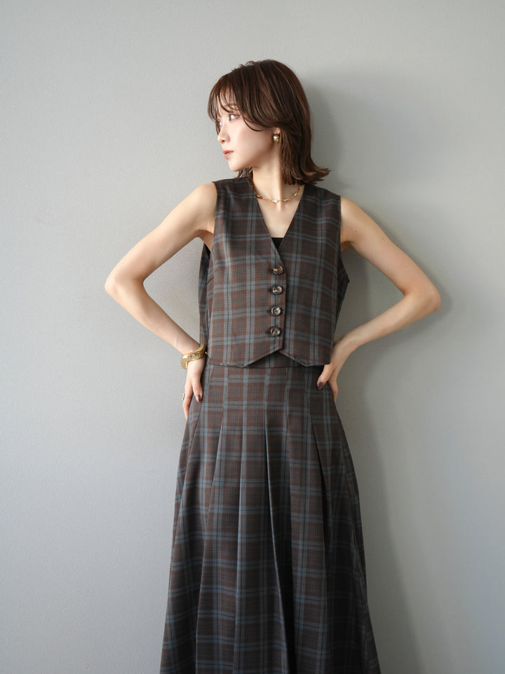 [SET] 格紋背心+格紋褶皺喇叭裙（2套）