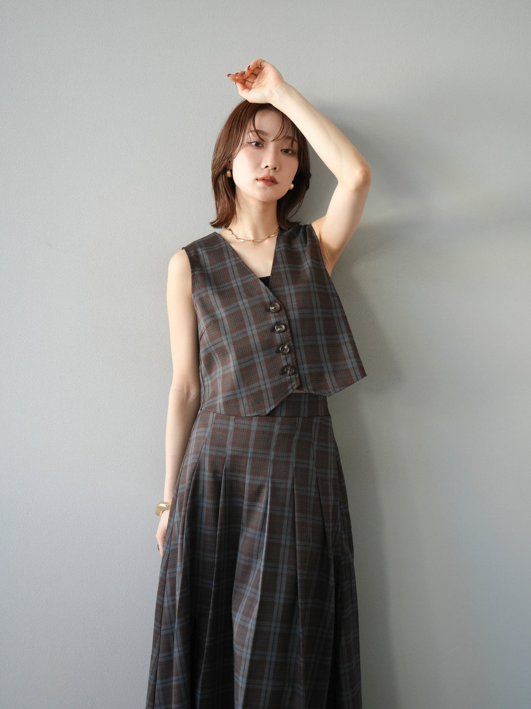 [SET] 格紋背心+格紋褶皺喇叭裙（2套）