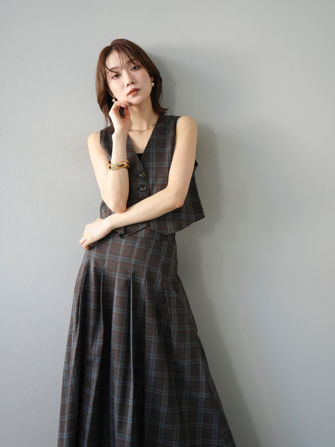 [SET] 格紋背心+格紋褶皺喇叭裙（2套）
