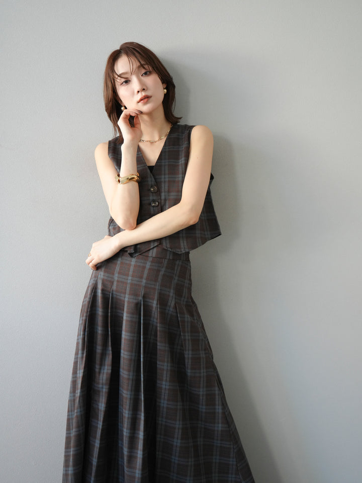 [SET] 格紋背心+格紋褶皺喇叭裙（2套）