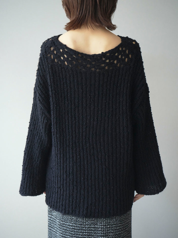 [予約]ボートネック透かし編みニットプルオーバー/navy