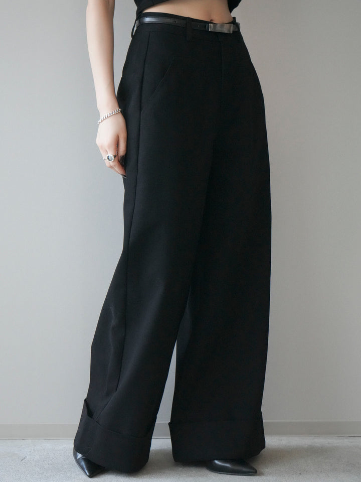 [予約]ベルト付き折り返しコットンツイルワイドパンツ/black