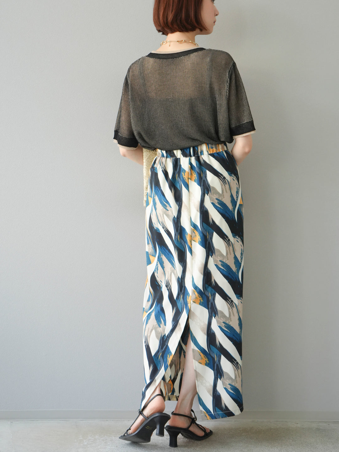 [SET]リネンタッチ配色二重臼ハーフニットトップス+選べるアソート柄スカートセット(2set)