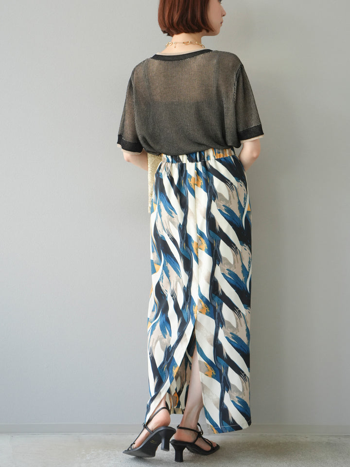 [SET]リネンタッチ配色二重臼ハーフニットトップス+選べるアソート柄スカートセット(2set)