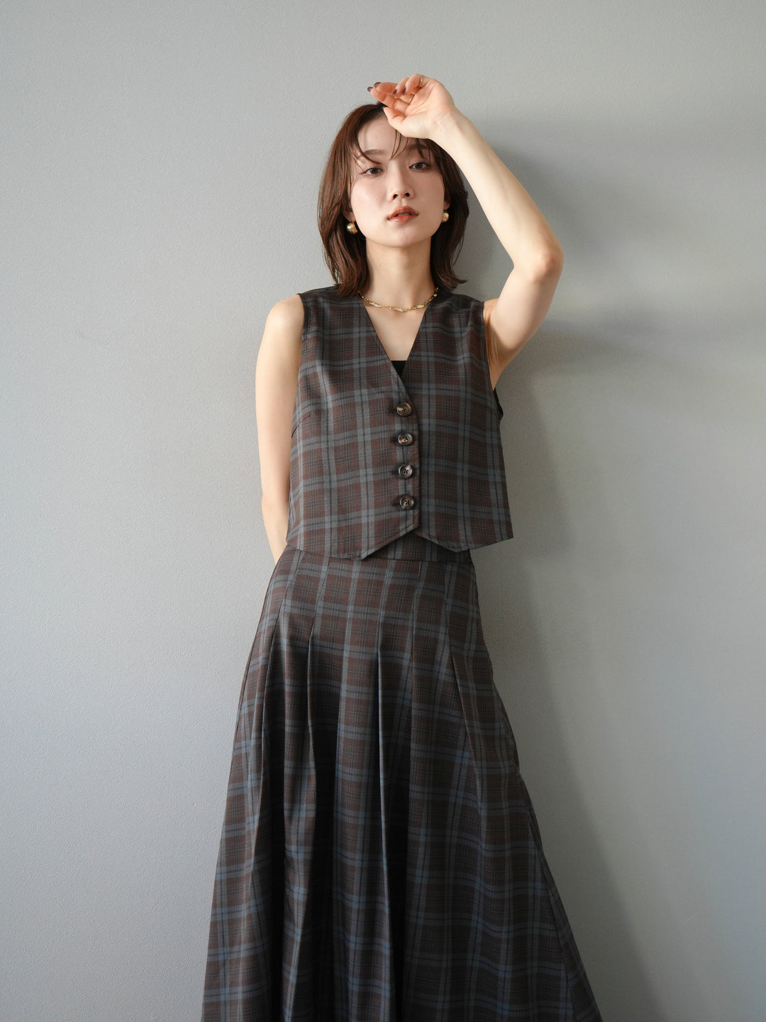 [SET] 格紋背心+格紋褶皺喇叭裙（2套）