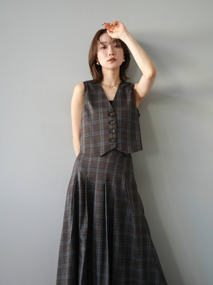 [SET] 格紋背心+格紋褶皺喇叭裙（2套）