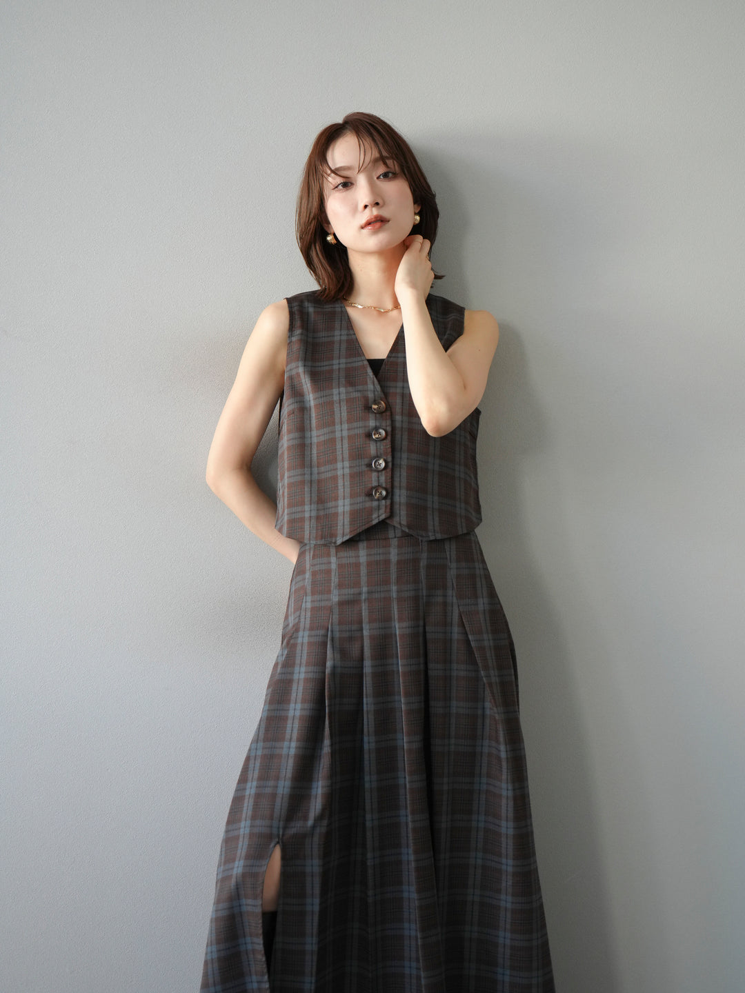 [SET] 格紋背心+格紋褶皺喇叭裙（2套）