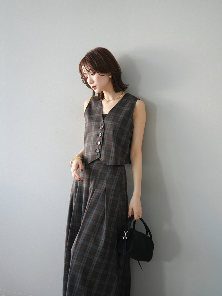 [SET] 格紋背心+格紋褶皺喇叭裙（2套）