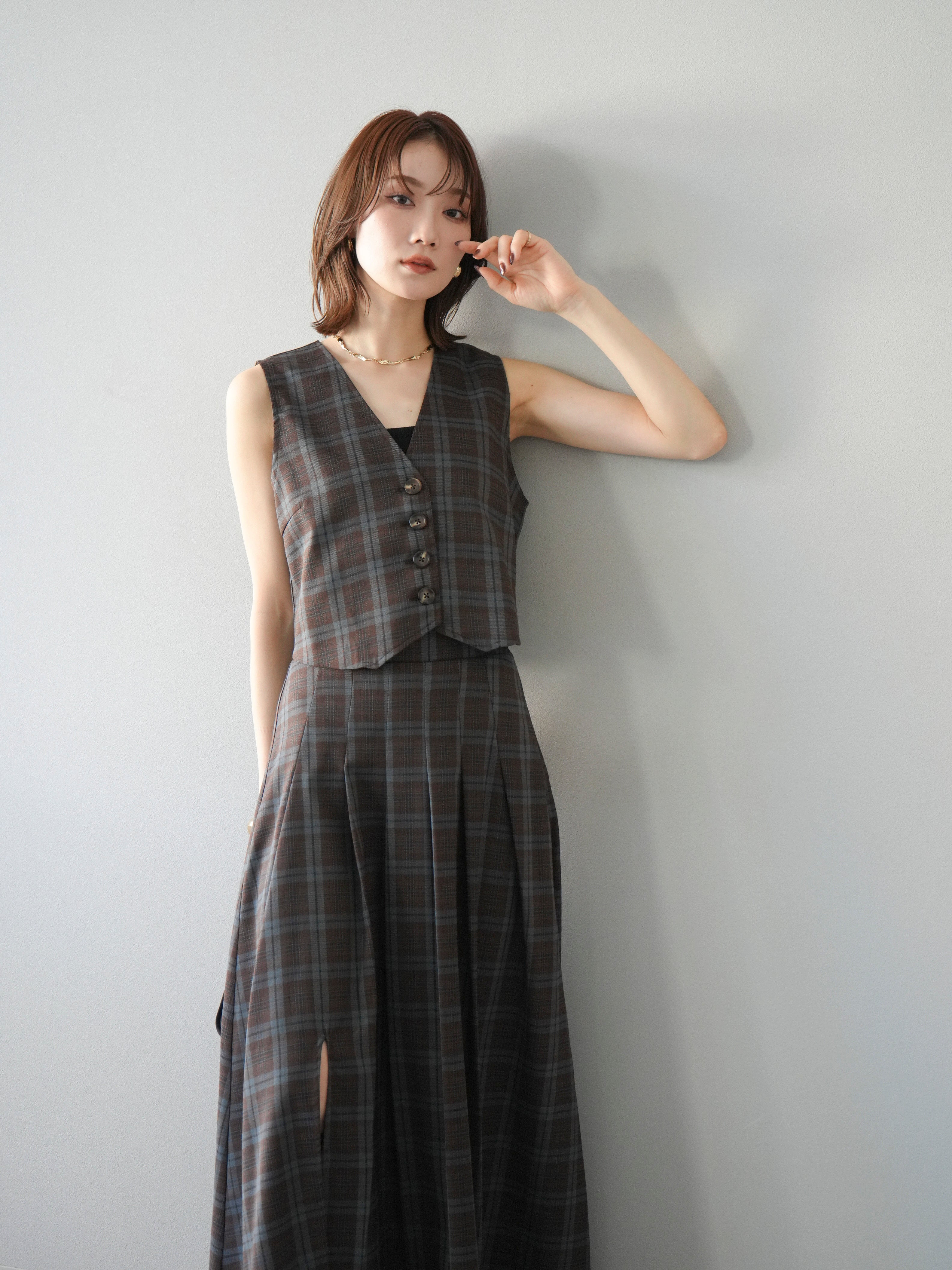 SET]チェック柄ベスト+チェック柄タックフレアスカート(2set) – Lumier