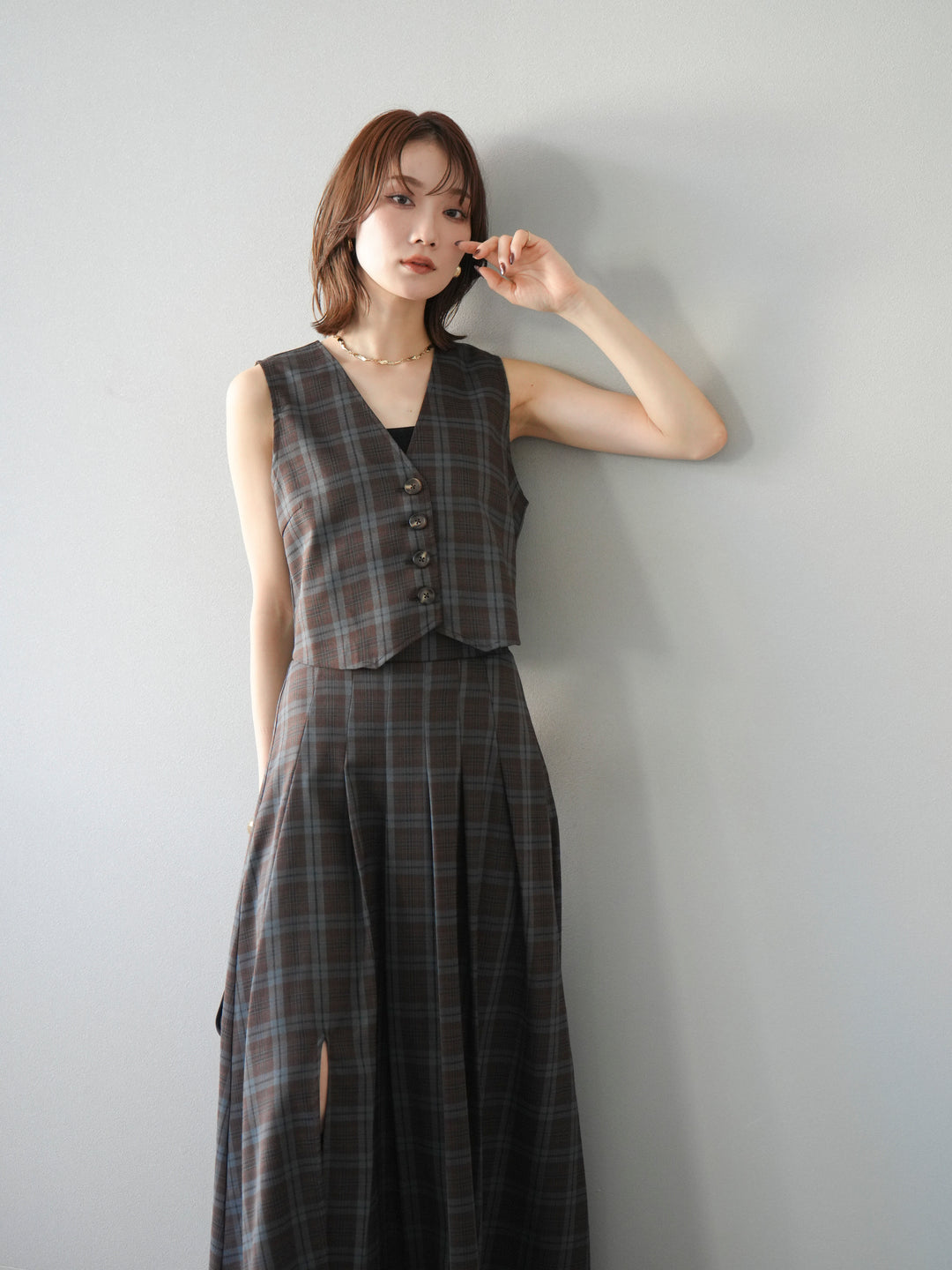 [SET] 格紋背心+格紋褶皺喇叭裙（2套）