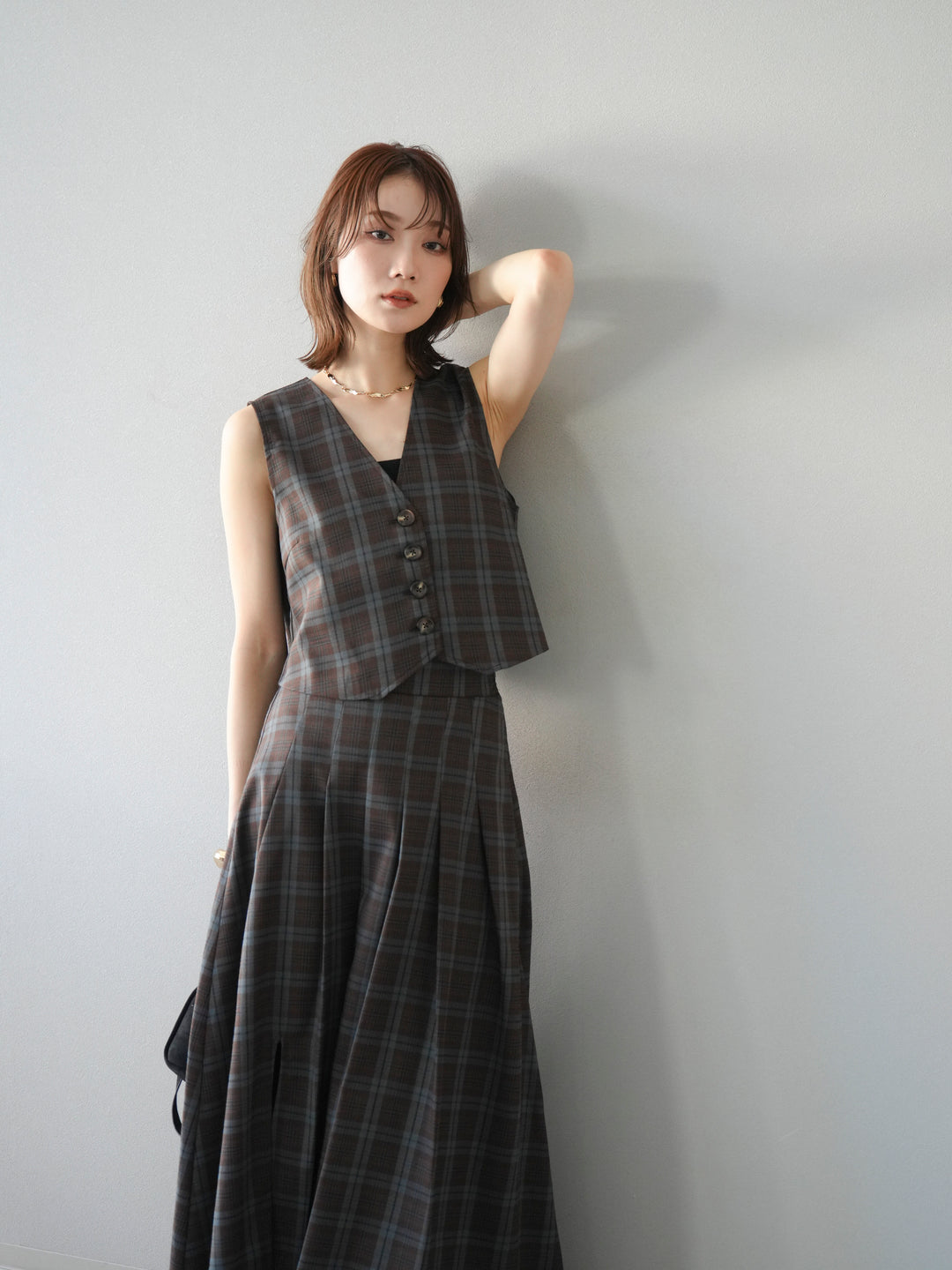 [SET] 格紋背心+格紋褶皺喇叭裙（2套）