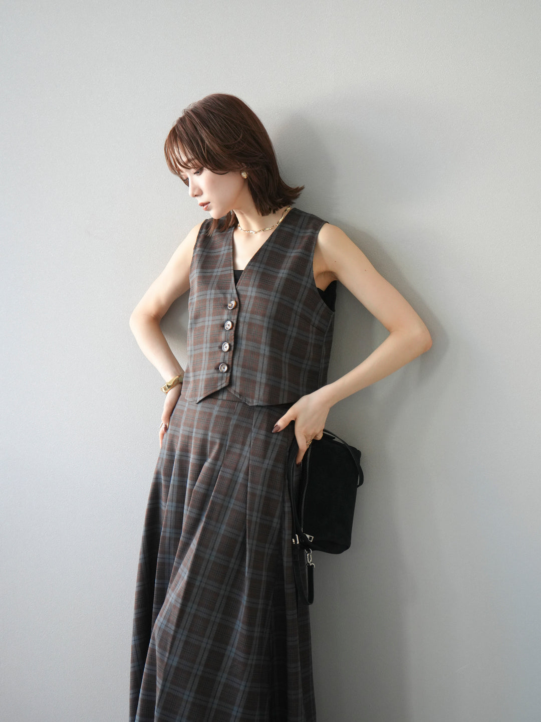 [SET] 格紋背心+格紋褶皺喇叭裙（2套）