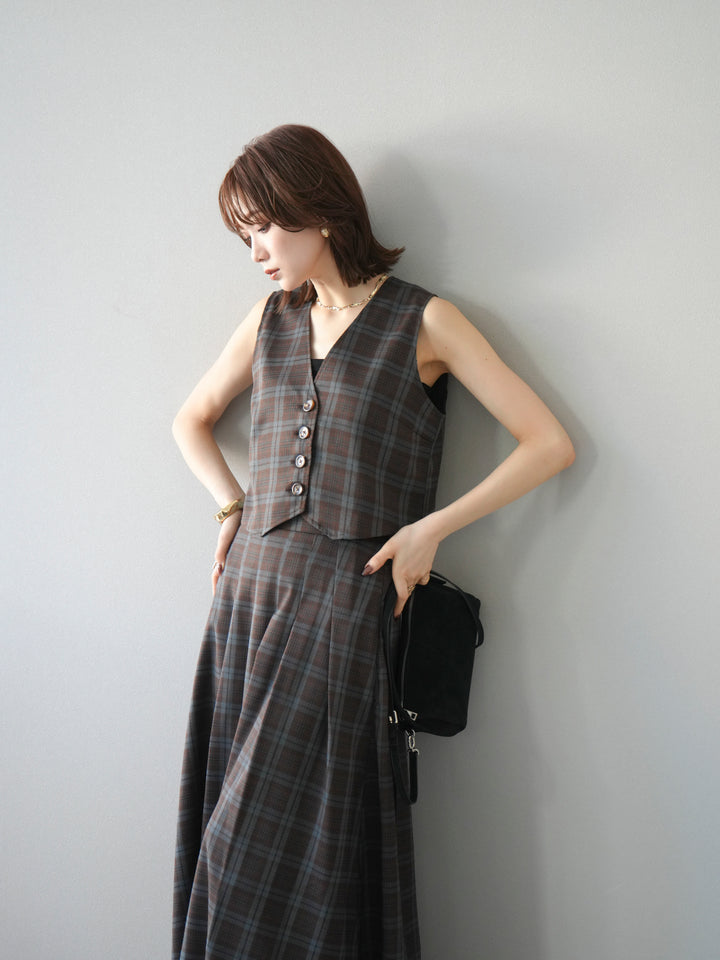 [SET] 格紋背心+格紋褶皺喇叭裙（2套）