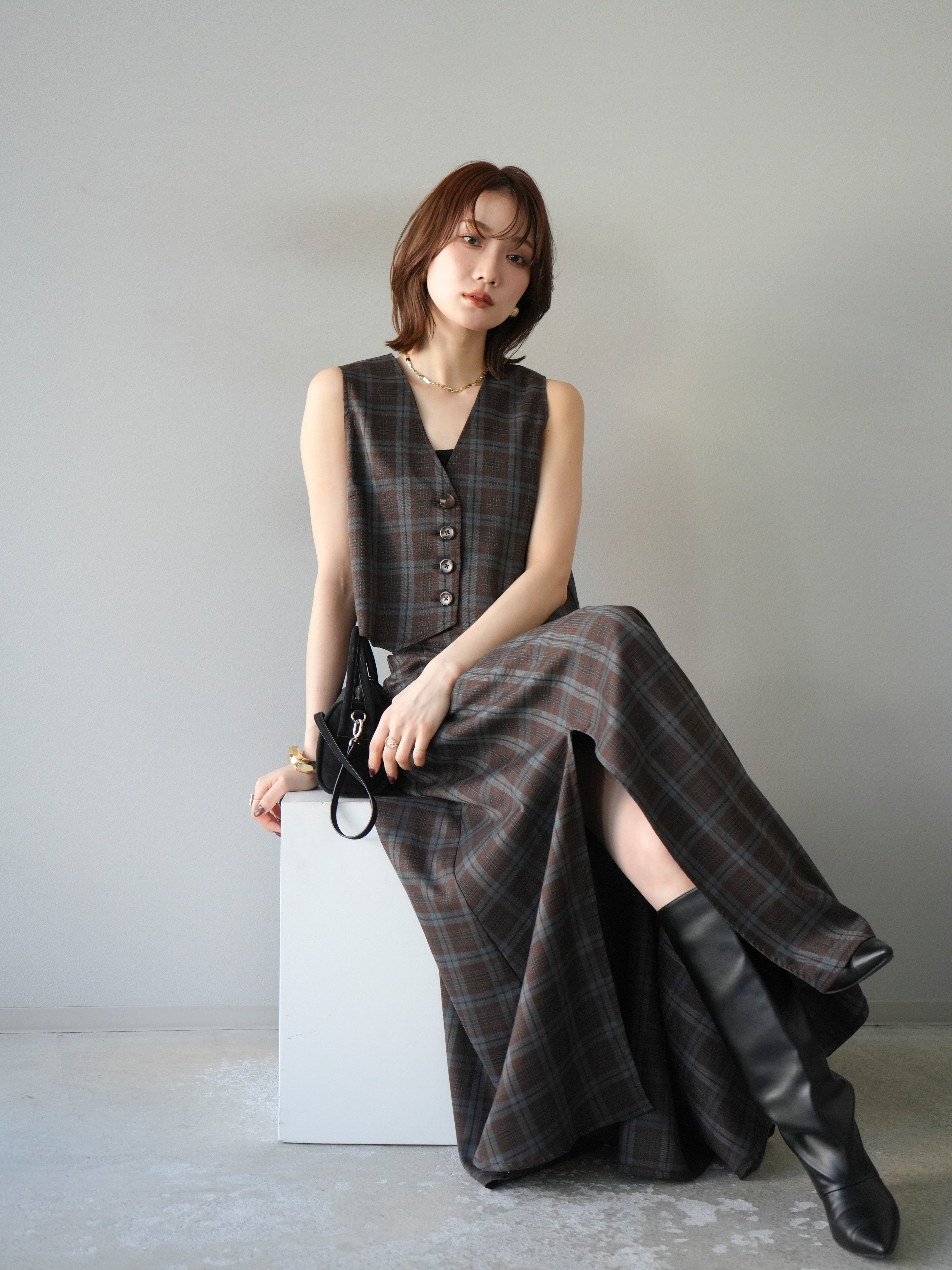 SET]チェック柄ベスト+チェック柄タックフレアスカート(2set) – Lumier