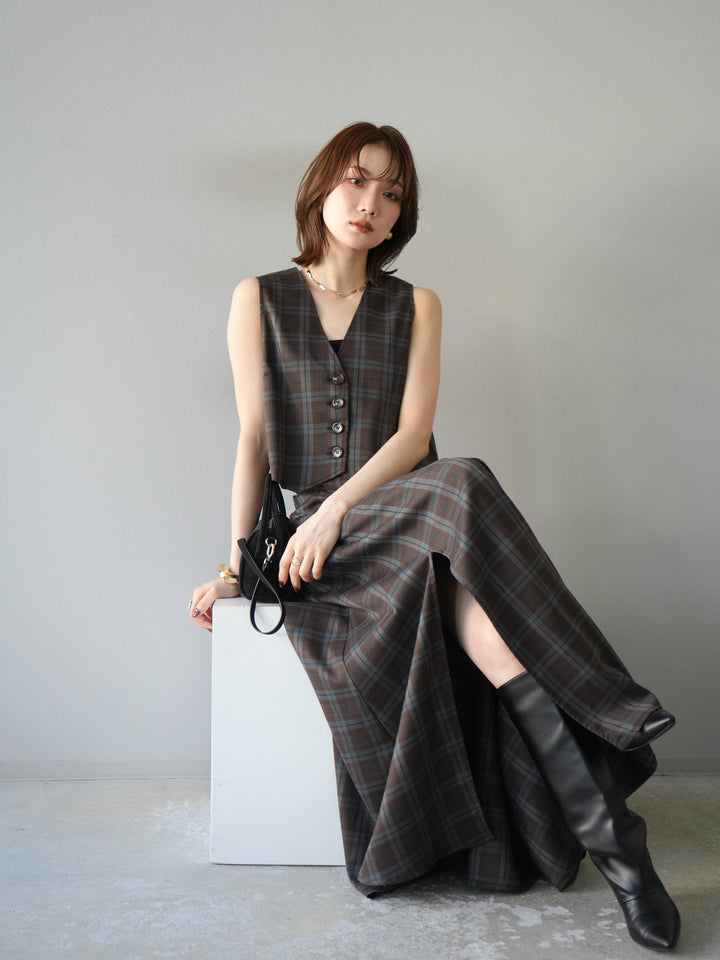 [SET] 格紋背心+格紋褶皺喇叭裙（2套）