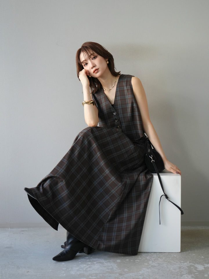 [SET] 格紋背心+格紋褶皺喇叭裙（2套）
