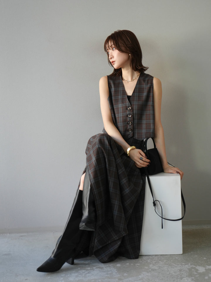 [SET] 格紋背心+格紋褶皺喇叭裙（2套）