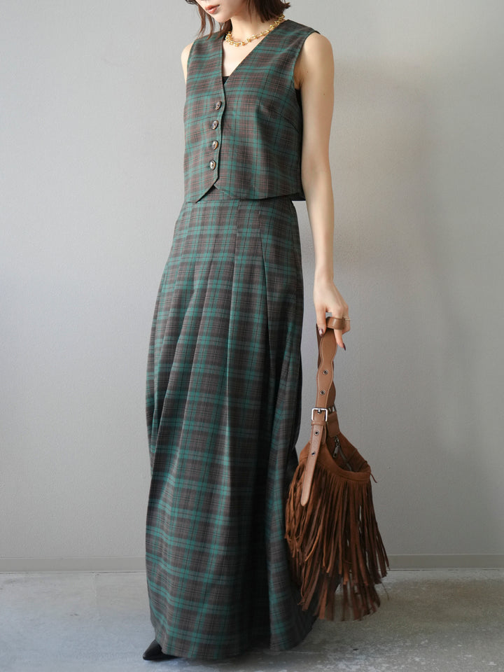 [SET] 格紋背心+格紋褶皺喇叭裙（2套）