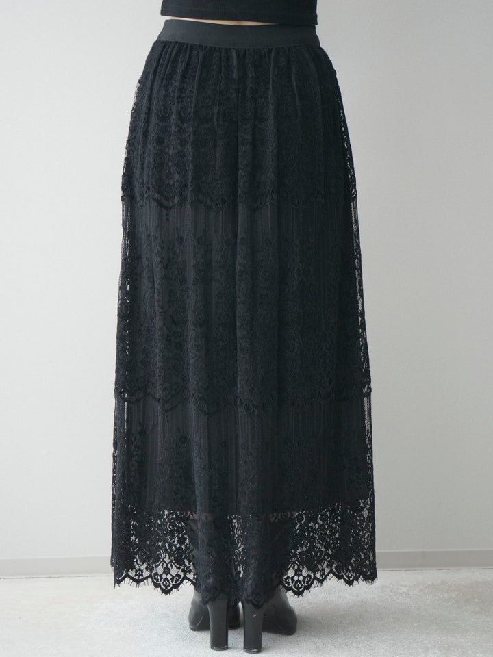 [予約]裏プリーツ総レースロングスカート/black
