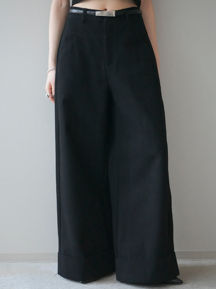 [予約]ベルト付き折り返しコットンツイルワイドパンツ/black