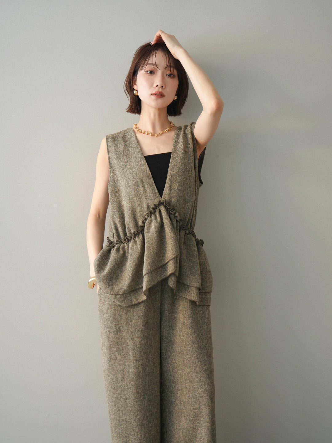 [SET]3WAYミックスツイードギャザーオールインワン+選べるアクセセット(2set)