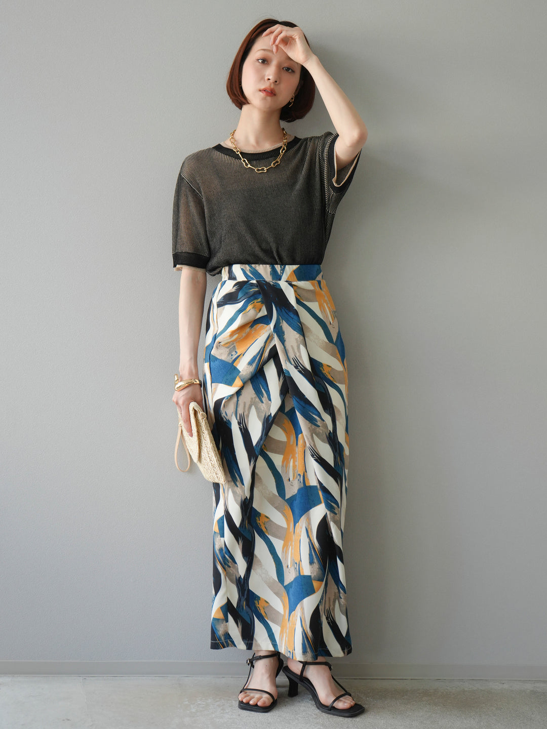 [SET]リネンタッチ配色二重臼ハーフニットトップス+選べるアソート柄スカートセット(2set)