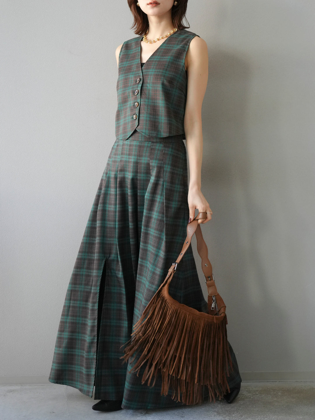 [SET] 格紋背心+格紋褶皺喇叭裙（2套）