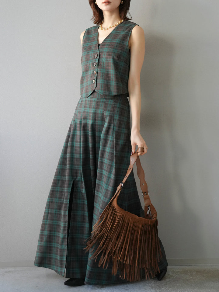 [SET] 格紋背心+格紋褶皺喇叭裙（2套）