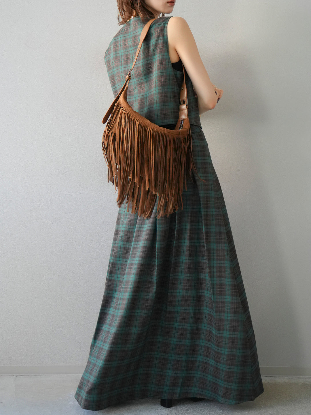 [SET] 格紋背心+格紋褶皺喇叭裙（2套）