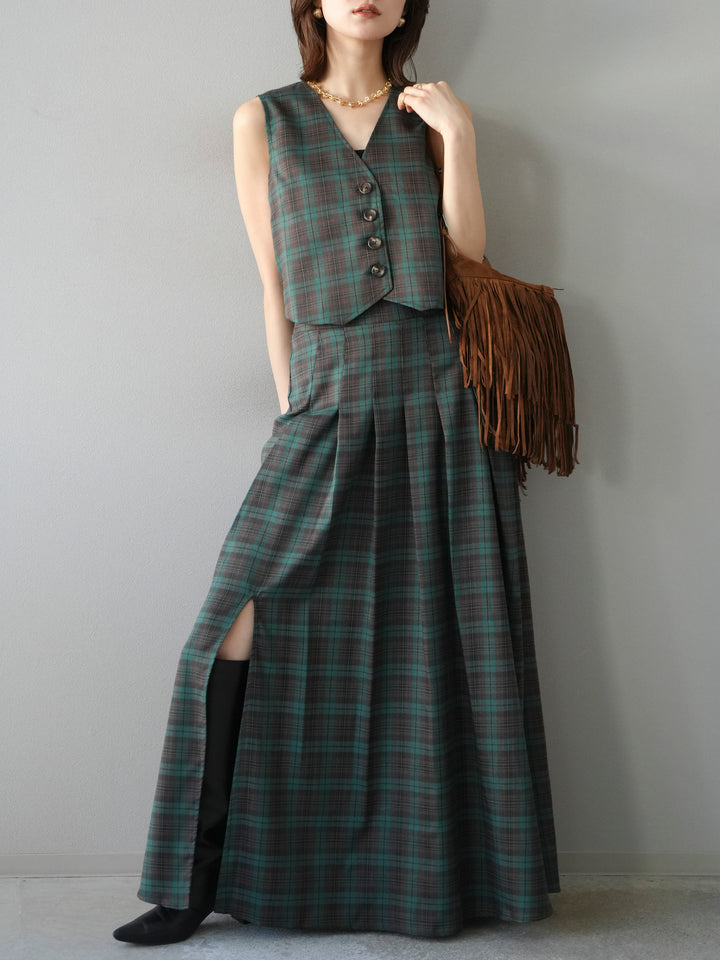 [SET] 格紋背心+格紋褶皺喇叭裙（2套）