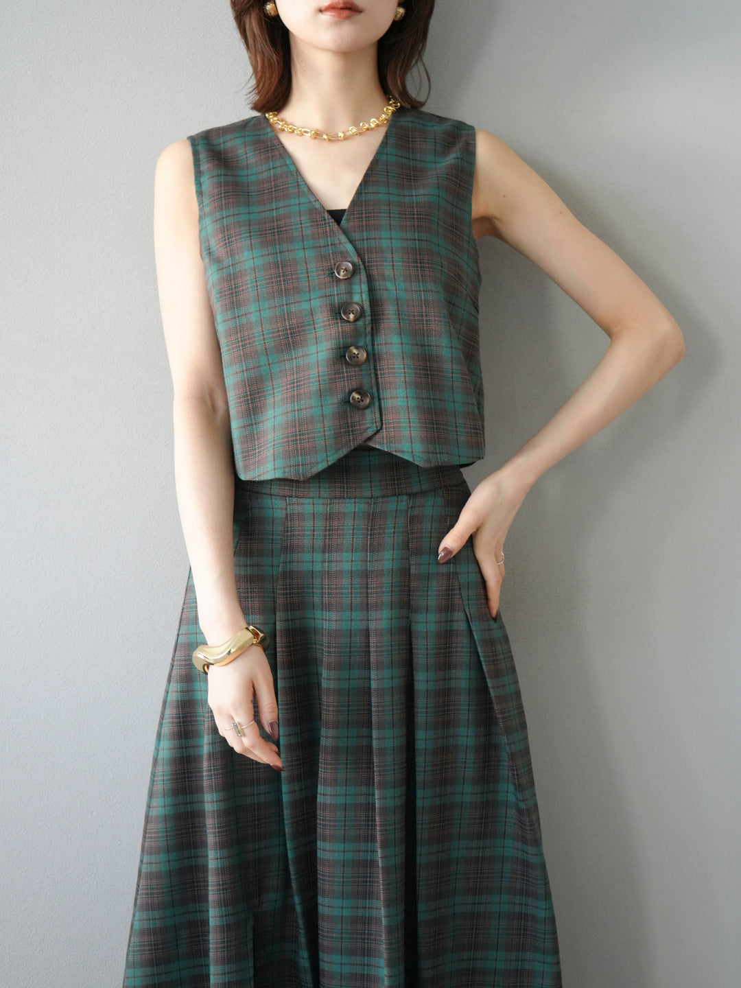 [SET] 格紋背心+格紋褶皺喇叭裙（2套）