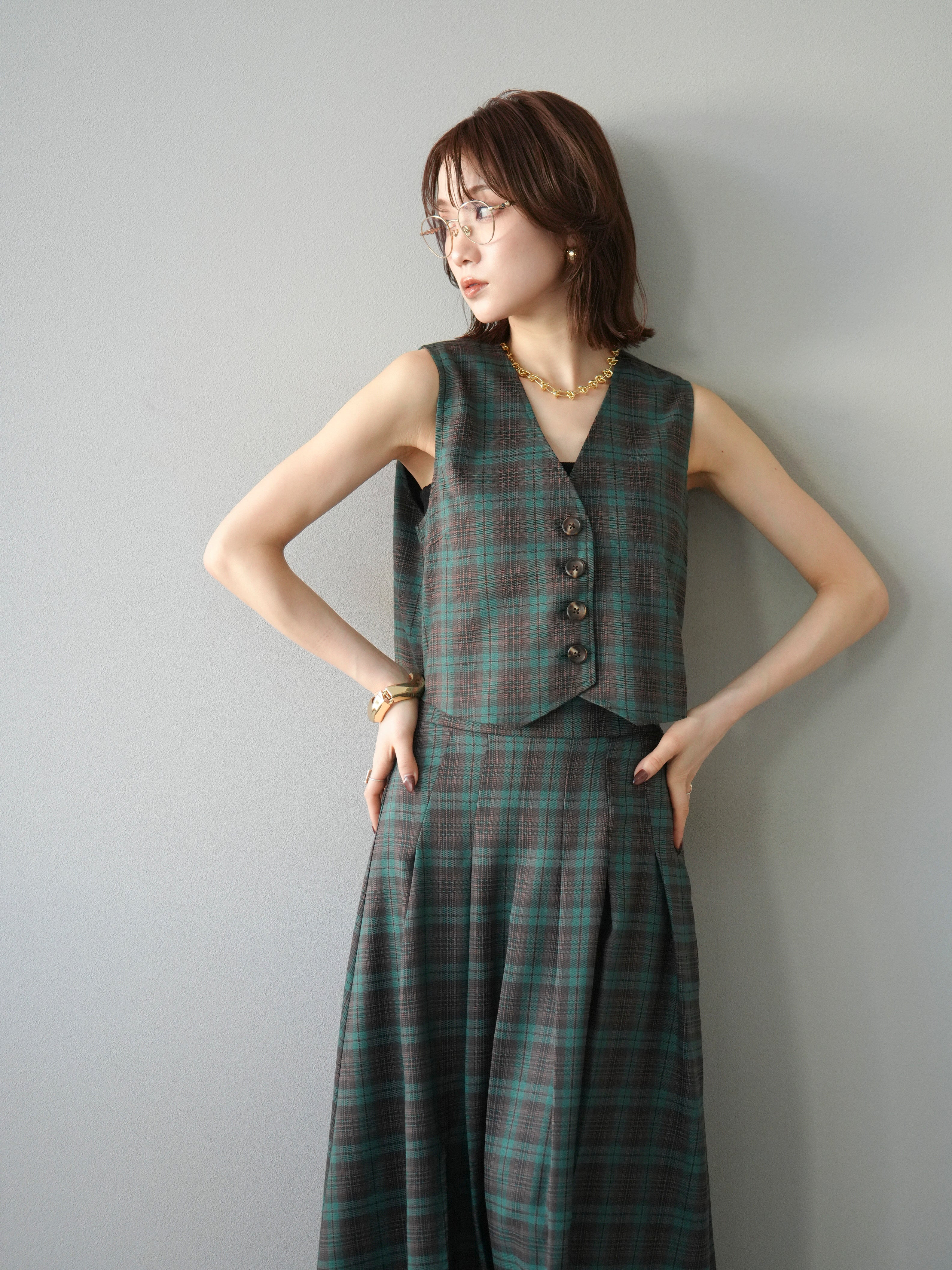 SET]チェック柄ベスト+チェック柄タックフレアスカート(2set