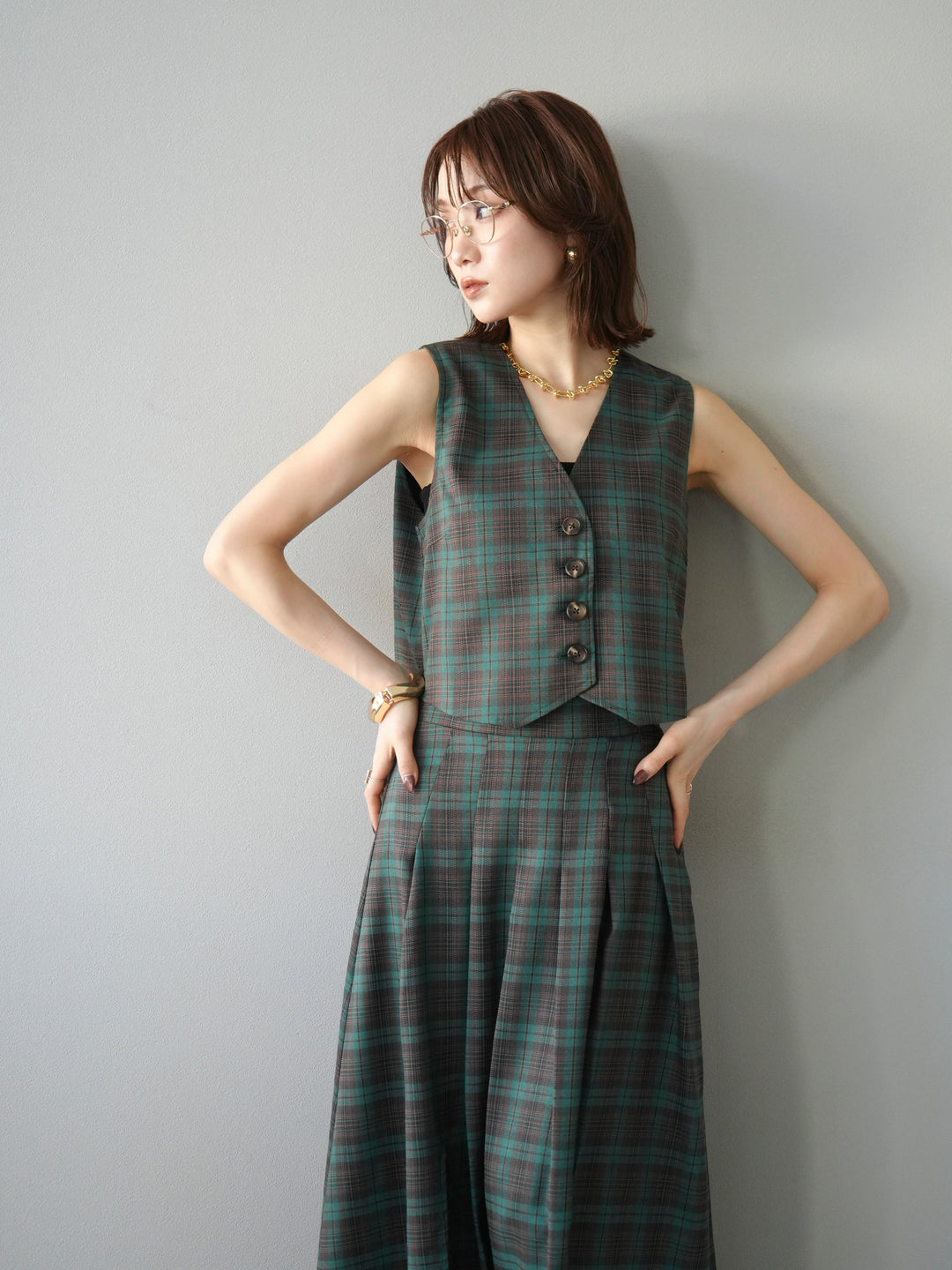 [SET] 格紋背心+格紋褶皺喇叭裙（2套）