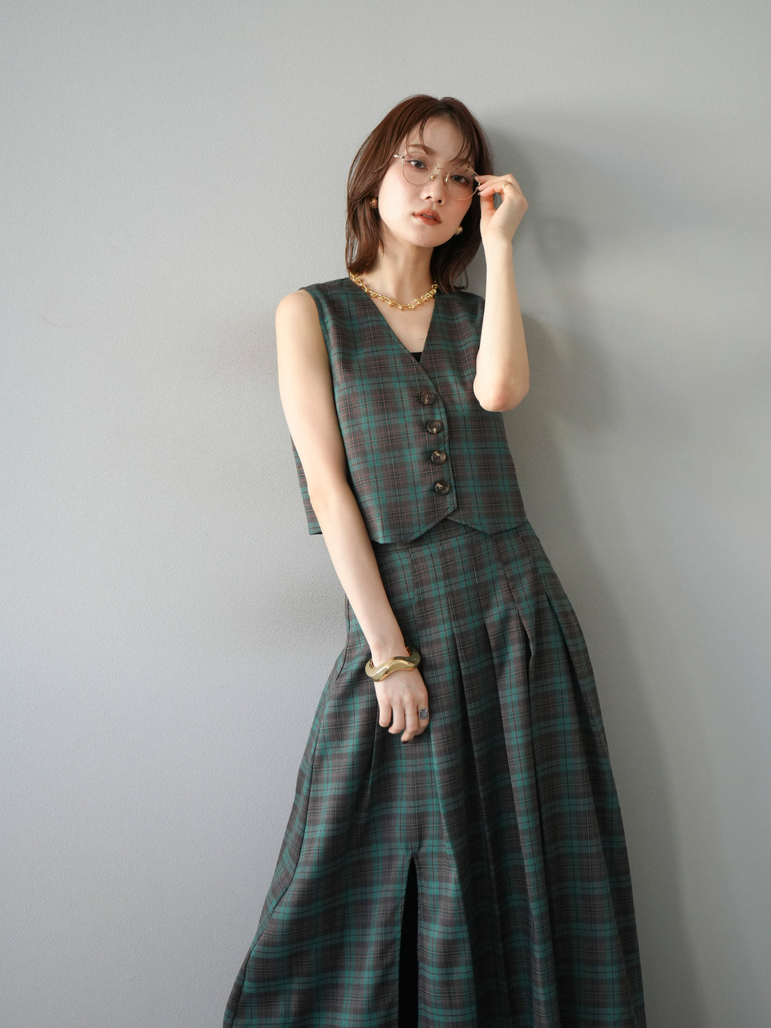 [SET] 格紋背心+格紋褶皺喇叭裙（2套）