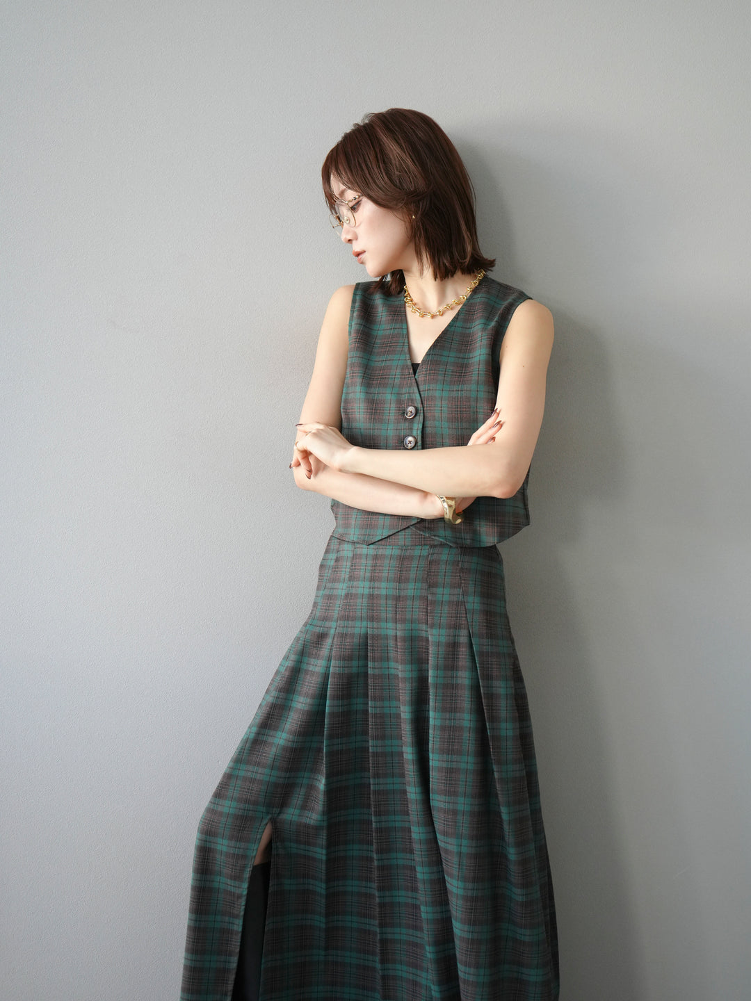 [SET] 格紋背心+格紋褶皺喇叭裙（2套）