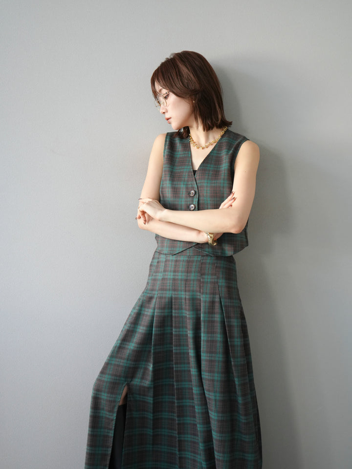 [SET] 格紋背心+格紋褶皺喇叭裙（2套）
