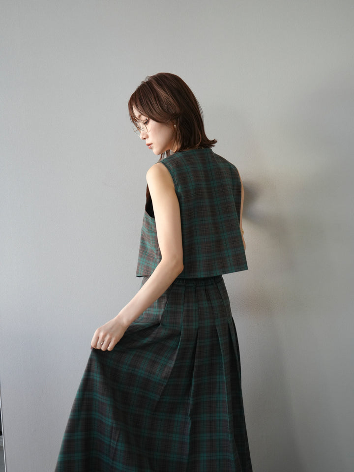 [SET] 格紋背心+格紋褶皺喇叭裙（2套）