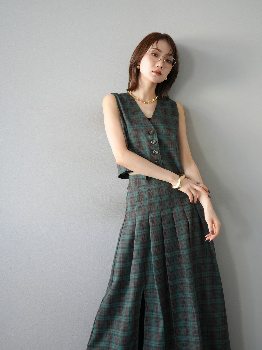 [SET] 格紋背心+格紋褶皺喇叭裙（2套）