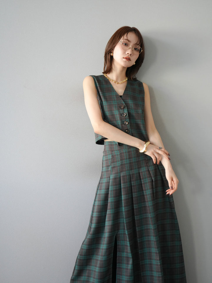 [SET] 格紋背心+格紋褶皺喇叭裙（2套）