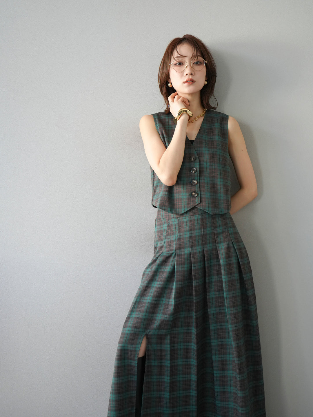 [SET] 格紋背心+格紋褶皺喇叭裙（2套）