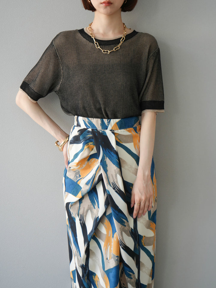 [SET]リネンタッチ配色二重臼ハーフニットトップス+選べるアソート柄スカートセット(2set)