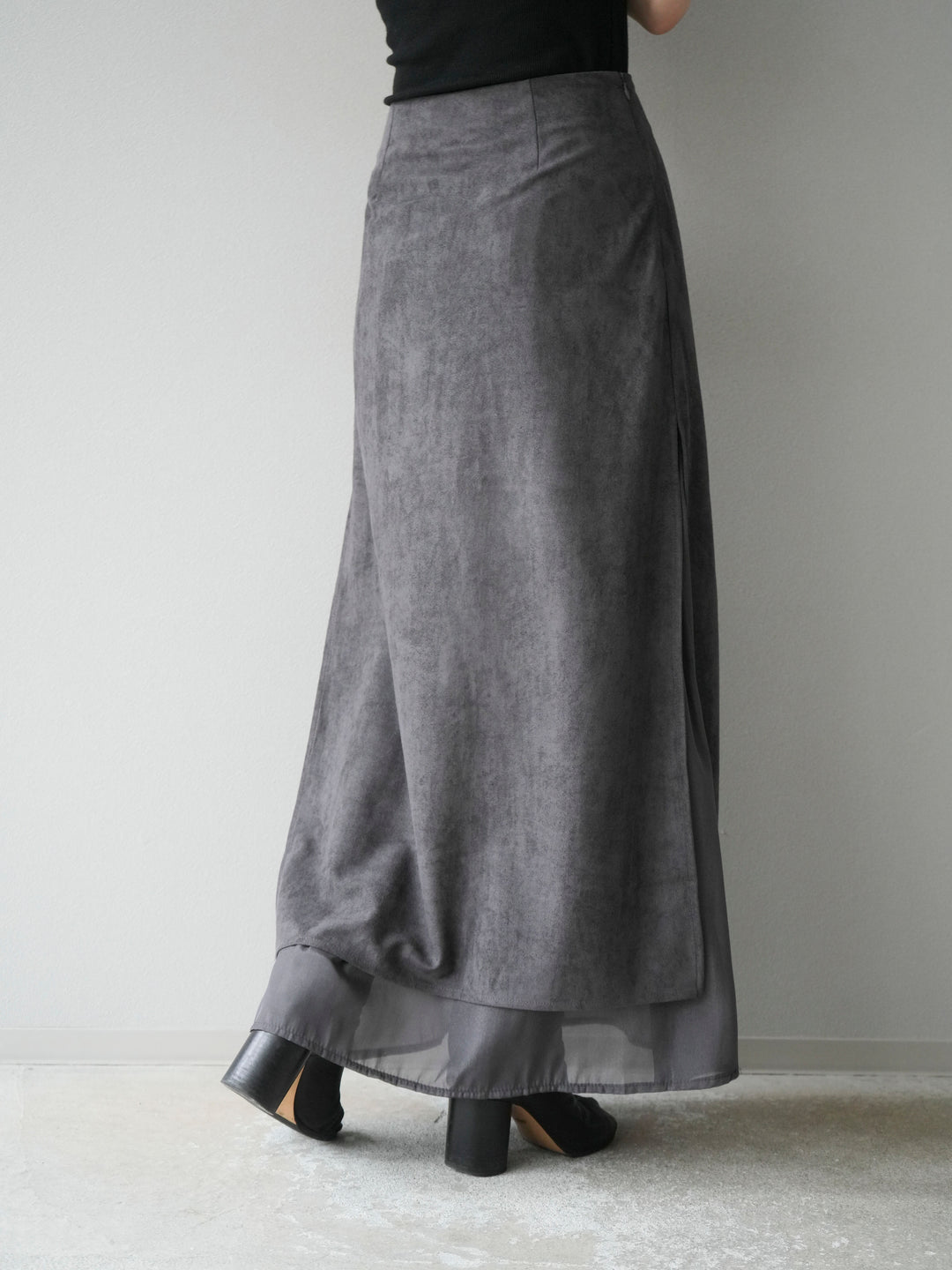 [予約]サイドスリットスウェードドッキングシフォンスカート/グレー